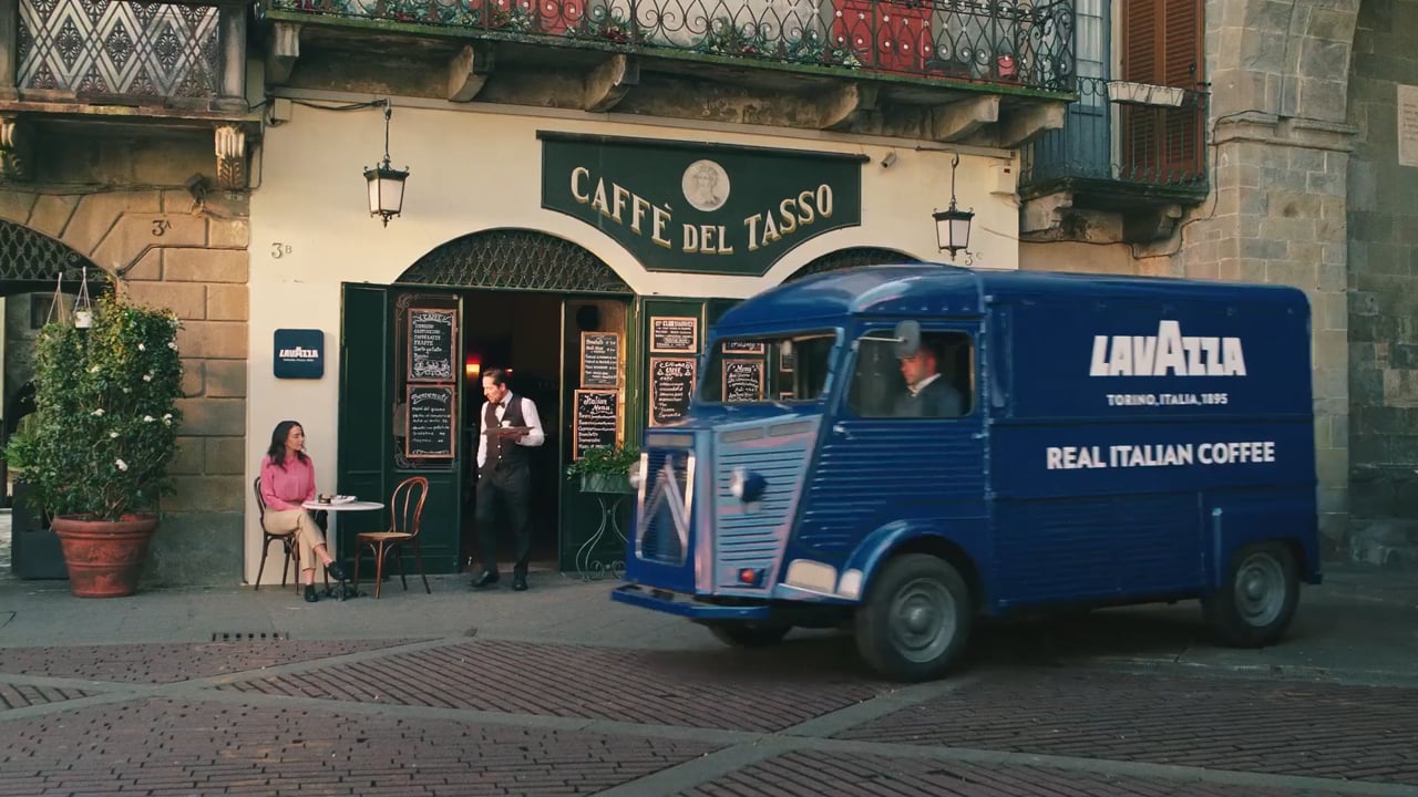 A cinematic street scene from LZRD’s Lavazza film